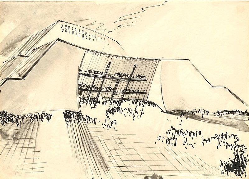 Hans Scharoun, ohne Titel [Architekturfantasie], Bleistift, Tusche, grau laviert, auf Papier, [1939 - 1945]. Akademie der Künste, Berlin, Hans-Scharoun-Archiv, Nr. 2442.