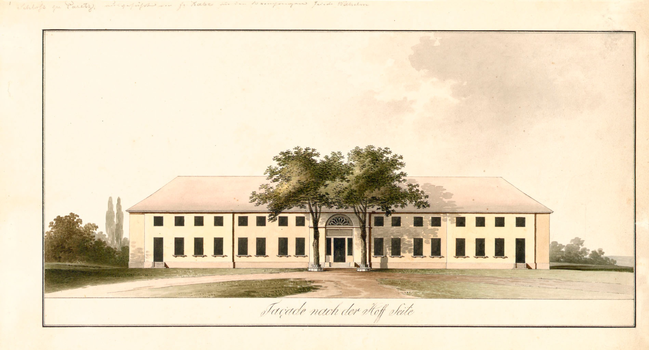 Friedrich Gilly, Design for Paretz Palace, view of the courtyard side, pen and ink in brown and black, watercolor, undated. Akademie der Künste, Berlin, ASPrAdK, no. 16. CC BY-NC-ND.